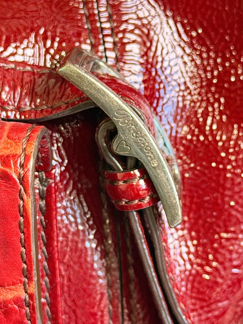 Vintage Brighton Red Leather Patent Crossbody Tote with Multiple Zip Pockets - Picture 6 of 8